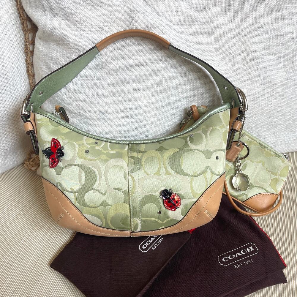 Rare Y2K Coach Ladybug Signature Green Soho Hobo Bag, Wristlet | 6723 5-Pc Set